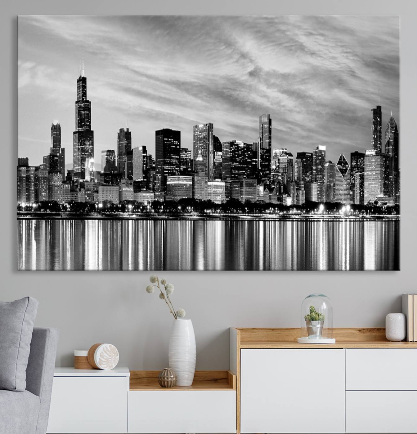 36818-MGV-CV-36X24-Chicago City Cloudy Skyline Black and White Wall Art Cityscape, Chicago Wall Art Canvas Print