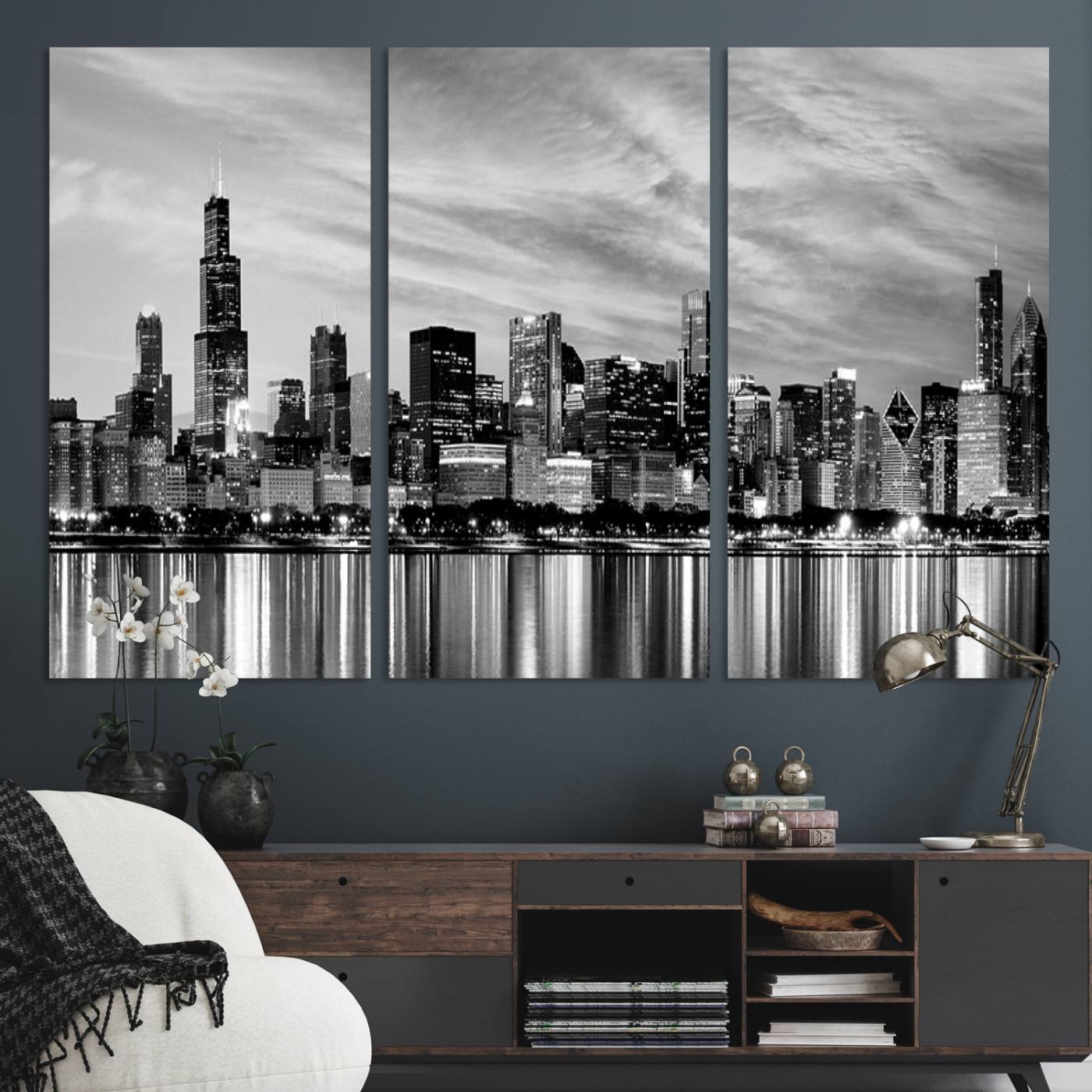 Chicago City Cloudy Skyline Black and White Wall Art Cityscape, Chicago Wall Art Canvas Print