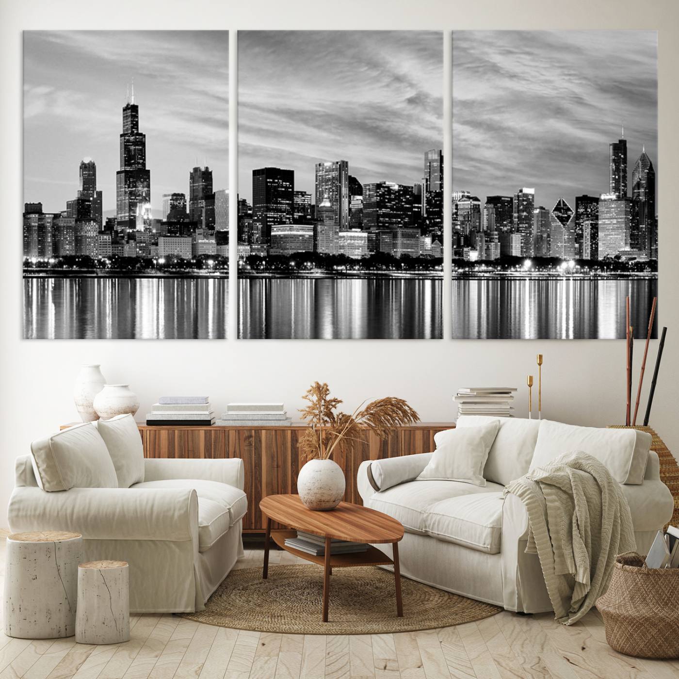 Chicago City Cloudy Skyline Black and White Wall Art Cityscape, Chicago Wall Art Canvas Print
