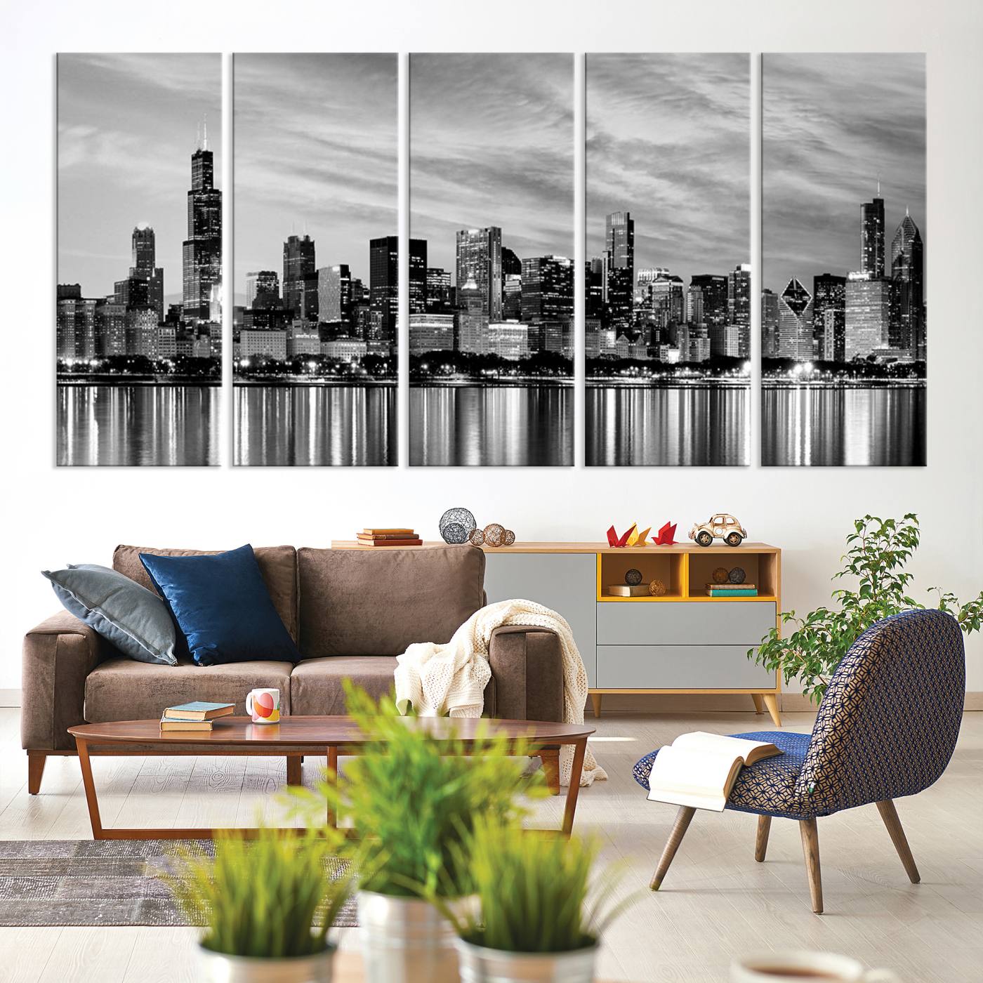Chicago City Cloudy Skyline Black and White Wall Art Cityscape, Chicago Wall Art Canvas Print