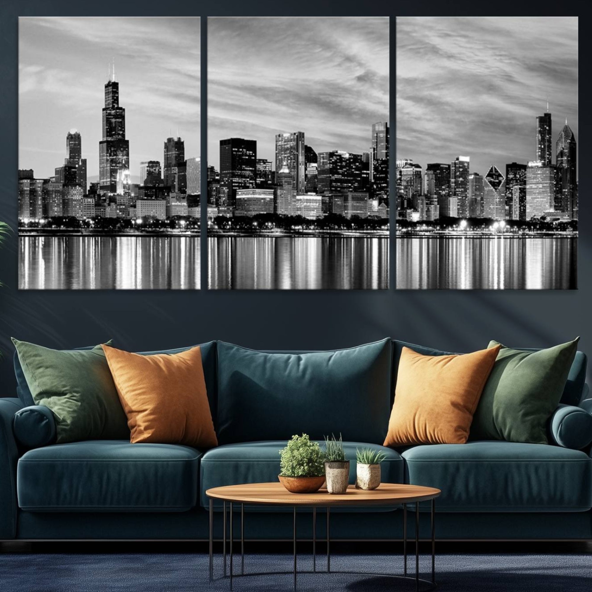 36818-MGV-CV-36X24-Chicago City Cloudy Skyline Black and White Wall Art Cityscape, Chicago Wall Art Canvas Print