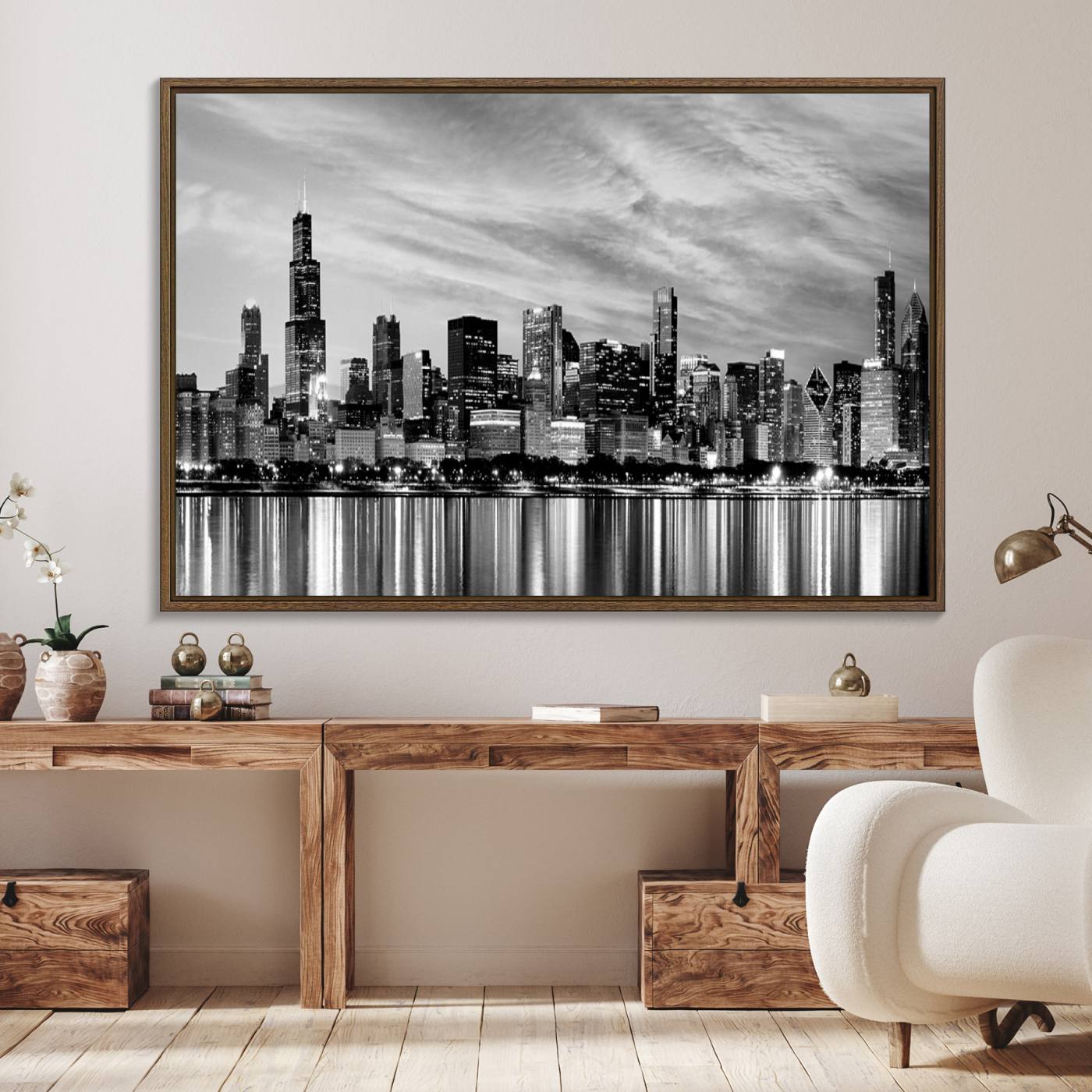 Chicago City Cloudy Skyline Black and White Wall Art Cityscape, Chicago Wall Art Canvas Print