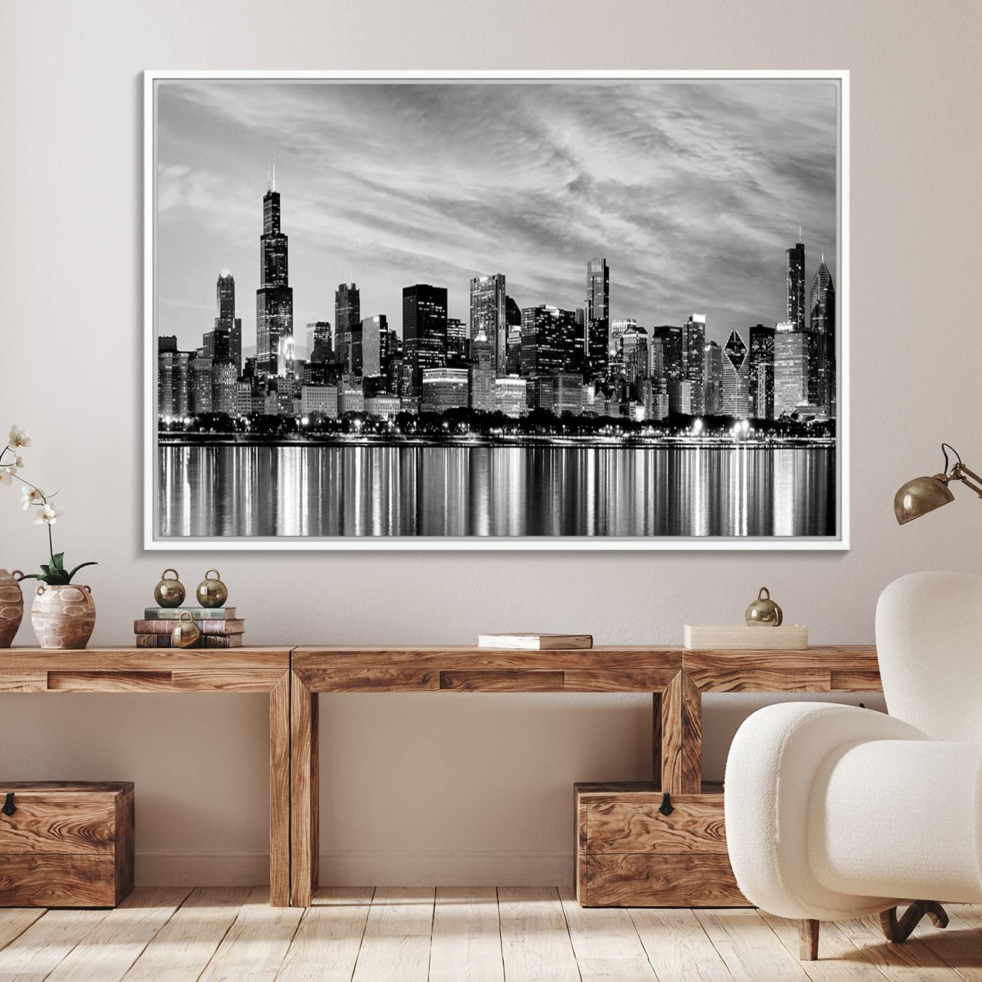 36818-MGV-FC-36X24_White-Chicago City Cloudy Skyline Black and White Wall Art Cityscape, Chicago Wall Art Canvas Print