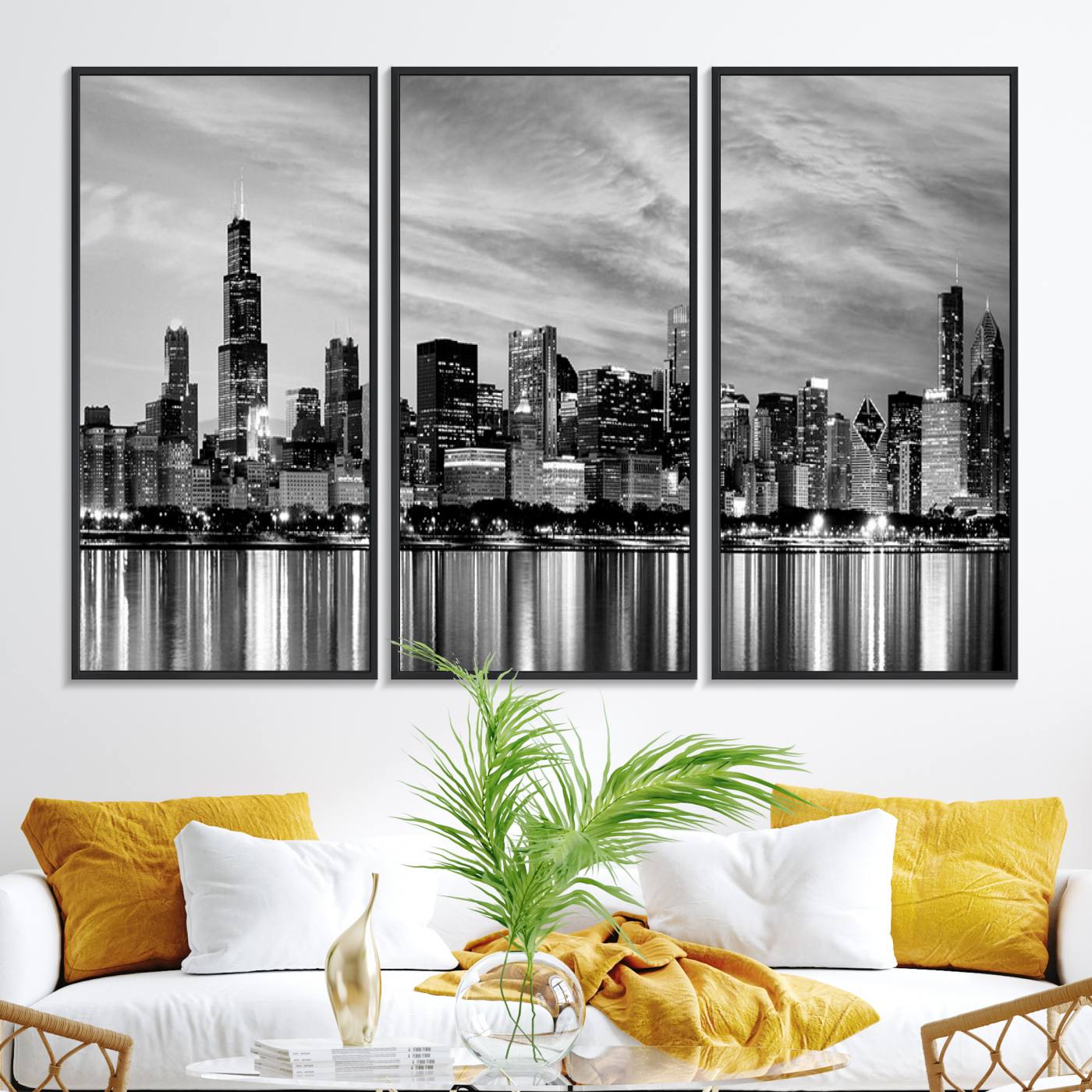 36818-MGV-FC-48X32-3P_Black-Chicago City Cloudy Skyline Black and White Wall Art Cityscape, Chicago Wall Art Canvas Print