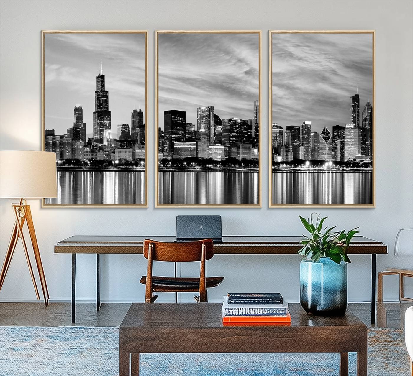 36818-MGV-FC-48X32-3P_Natural-Chicago City Cloudy Skyline Black and White Wall Art Cityscape, Chicago Wall Art Canvas Print