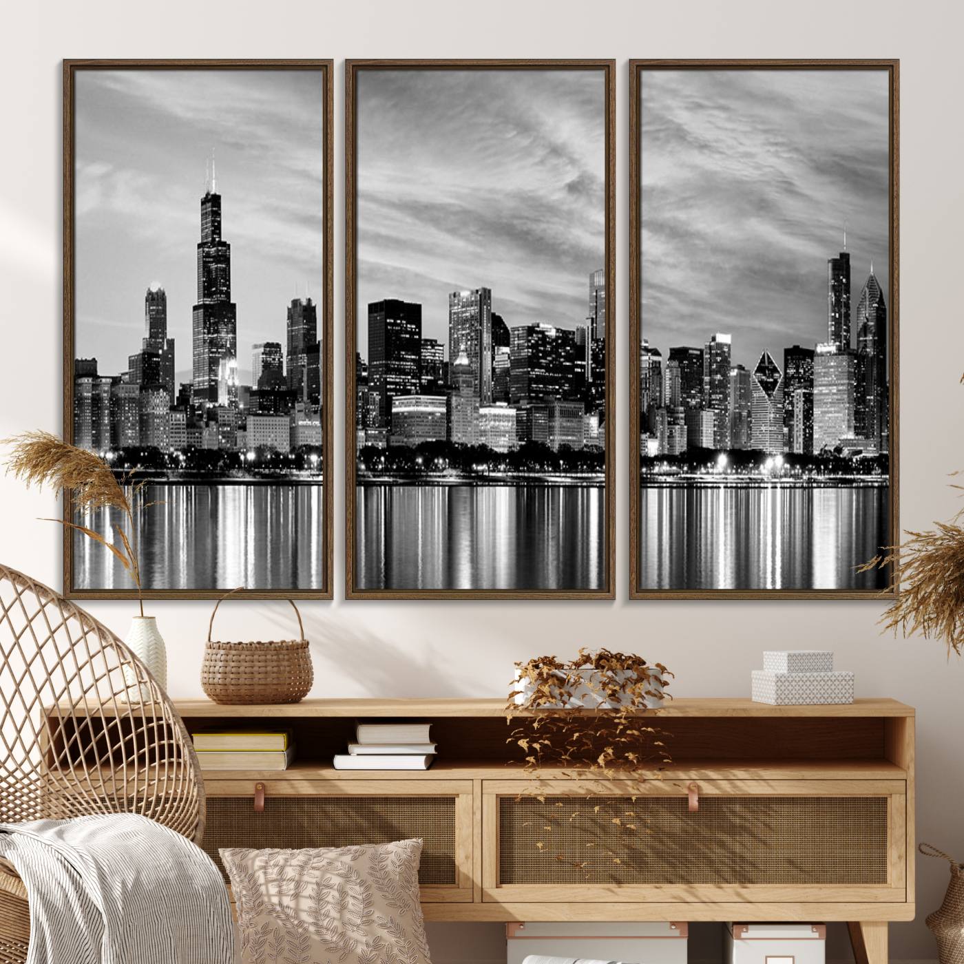 36818-MGV-FC-48X32-3P_Walnut-Chicago City Cloudy Skyline Black and White Wall Art Cityscape, Chicago Wall Art Canvas Print