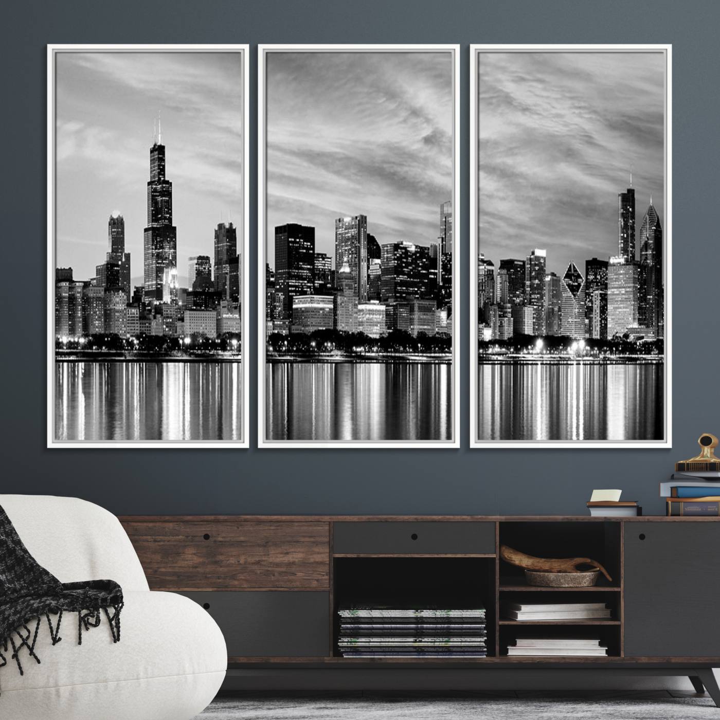 36818-MGV-FC-48X32-3P_White-Chicago City Cloudy Skyline Black and White Wall Art Cityscape, Chicago Wall Art Canvas Print