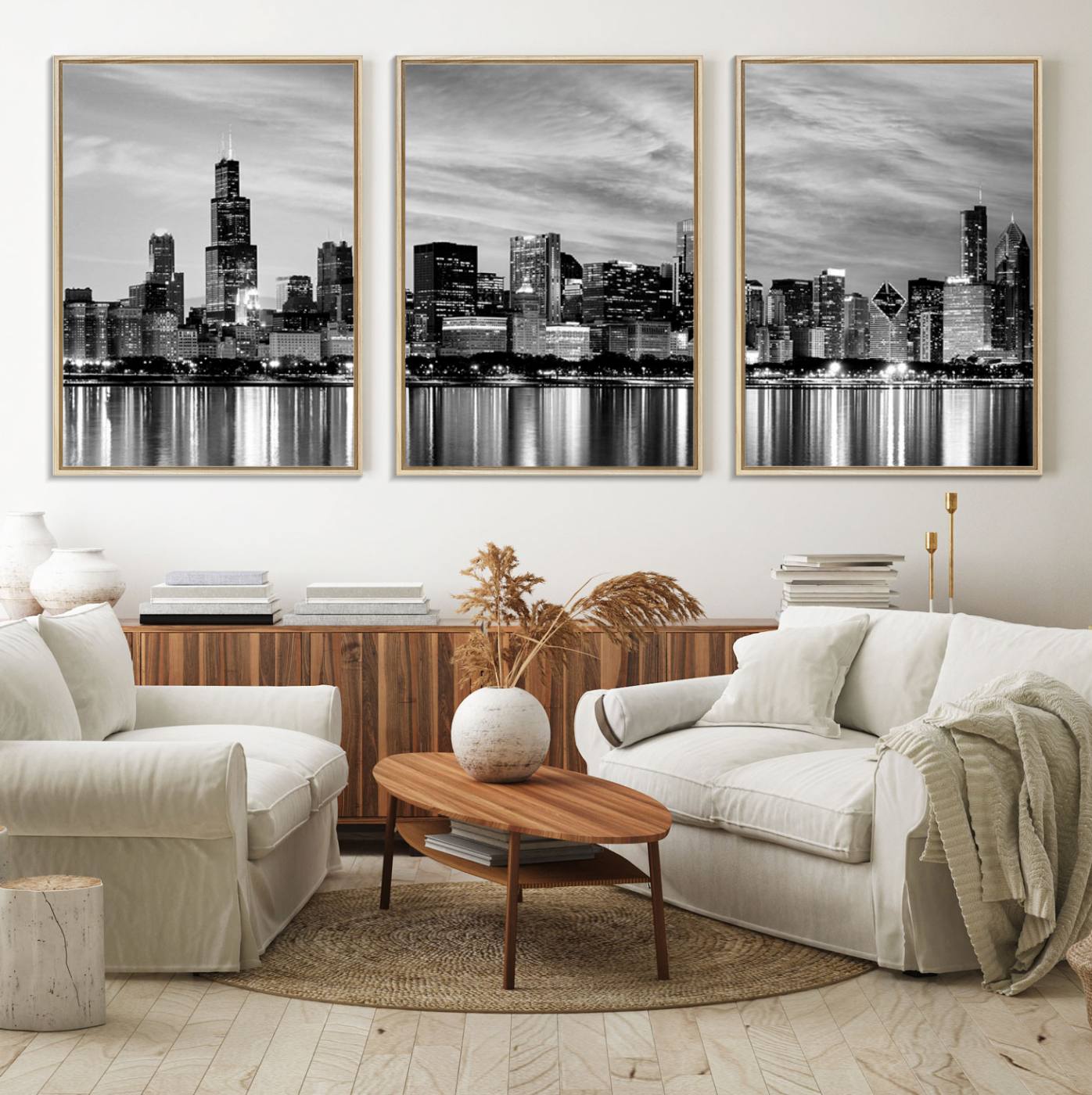 36818-MGV-FC-60X30-3P_Natural-Chicago City Cloudy Skyline Black and White Wall Art Cityscape, Chicago Wall Art Canvas Print
