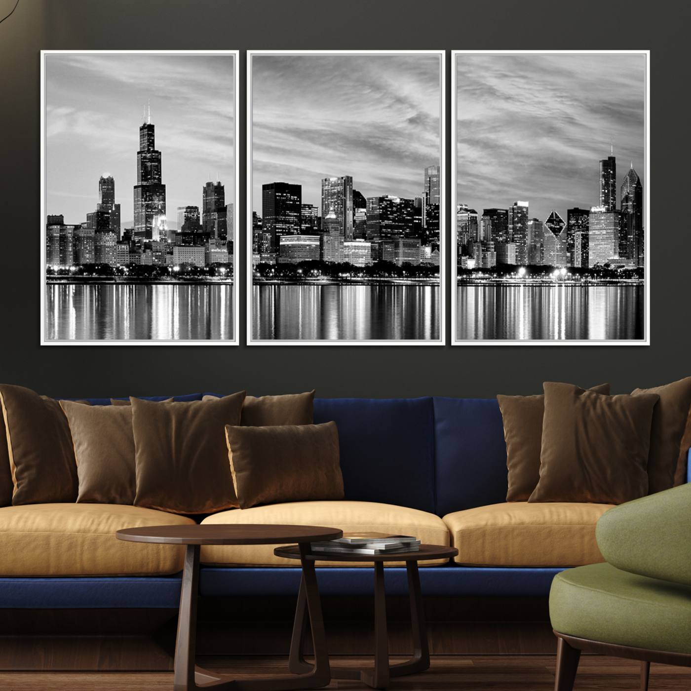 36818-MGV-FC-60X30-3P_White-Chicago City Cloudy Skyline Black and White Wall Art Cityscape, Chicago Wall Art Canvas Print
