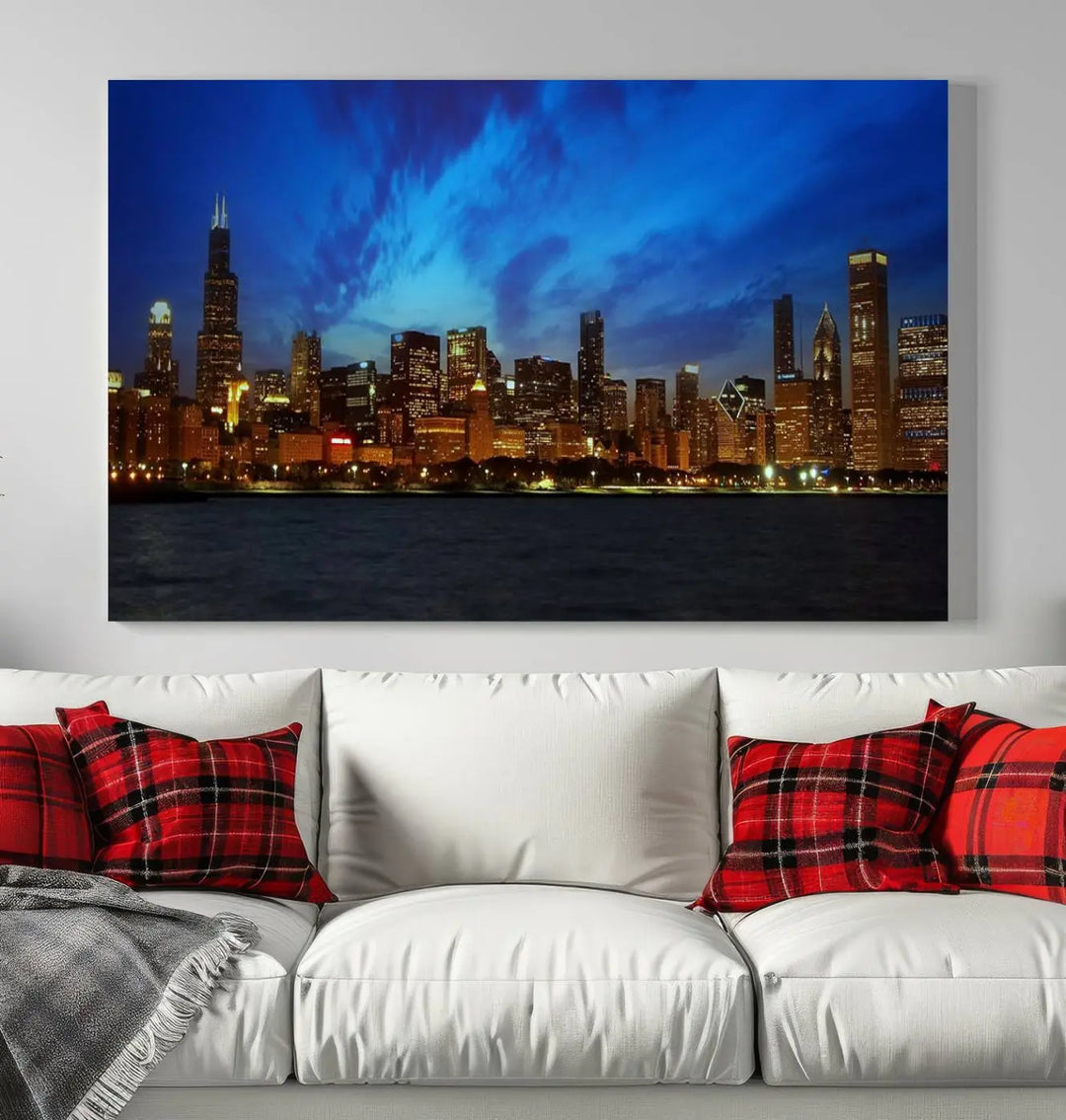 The "Chicago City Lights Night Blue Wall Art Canvas Print," a triptych of a city skyline at dusk rendered on museum-quality canvas with UV-protective coating, is featured in the living room.