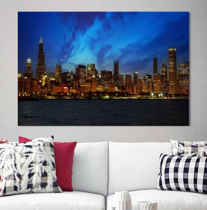 The "Chicago City Lights Night Blue Wall Art Canvas Print," a triptych of a city skyline at dusk rendered on museum-quality canvas with UV-protective coating, is featured in the living room.