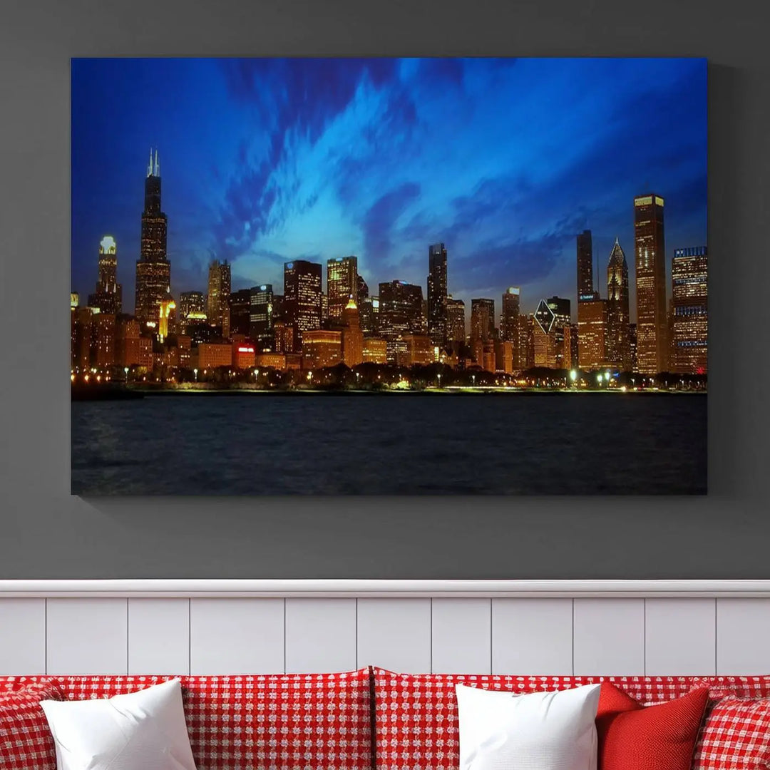 The "Chicago City Lights Night Blue Wall Art Canvas Print," a triptych of a city skyline at dusk rendered on museum-quality canvas with UV-protective coating, is featured in the living room.