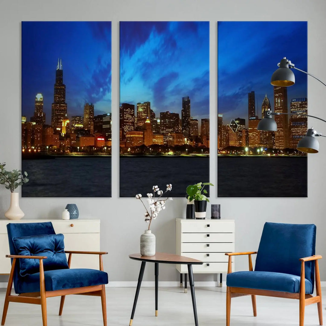 The "Chicago City Lights Night Blue Wall Art Canvas Print," a triptych of a city skyline at dusk rendered on museum-quality canvas with UV-protective coating, is featured in the living room.