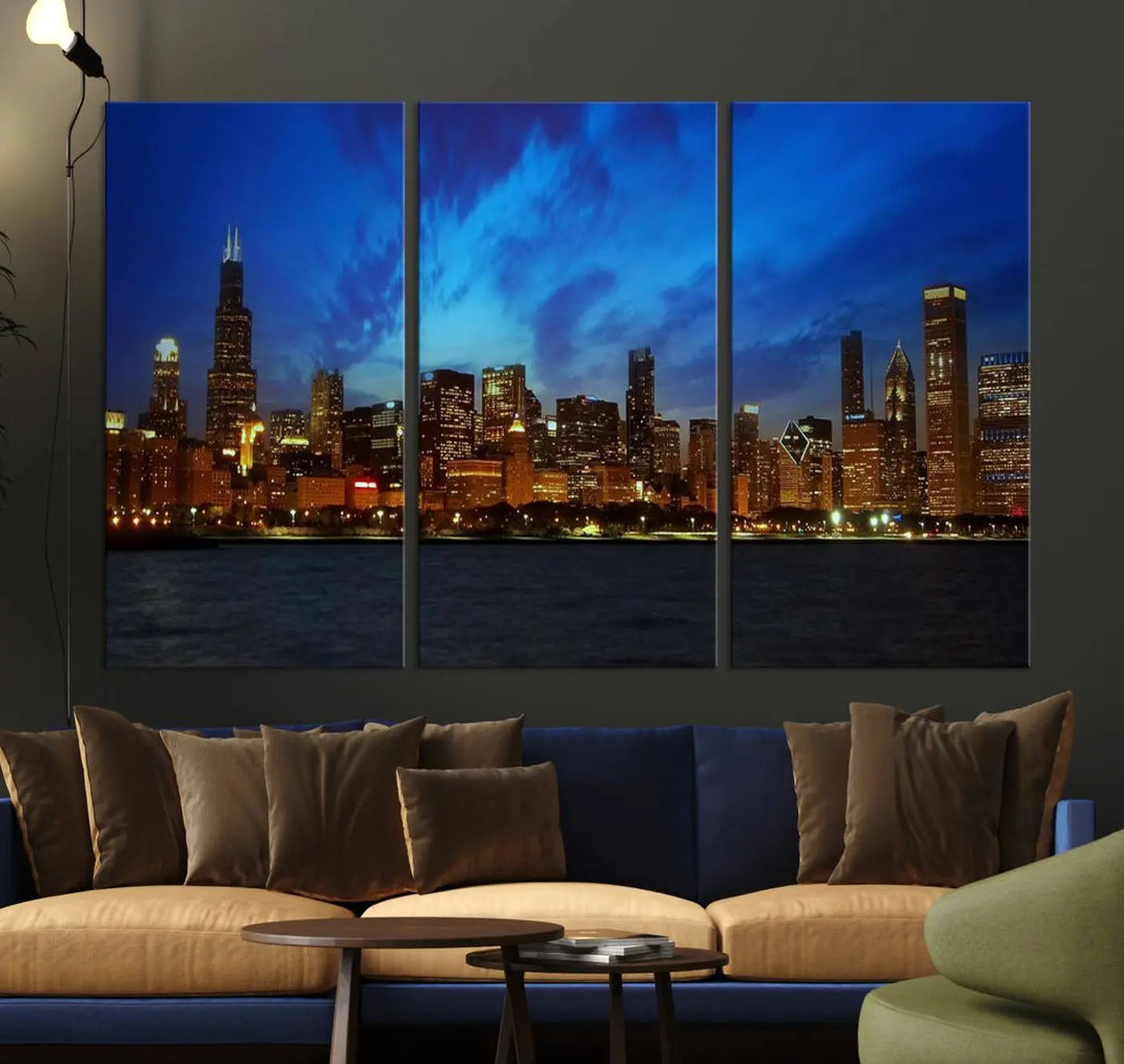 The "Chicago City Lights Night Blue Wall Art Canvas Print," a triptych of a city skyline at dusk rendered on museum-quality canvas with UV-protective coating, is featured in the living room.