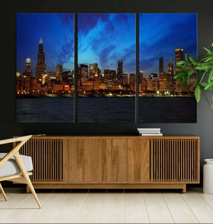 Chicago City Lights Night Blue Wall Art Canvas Print 