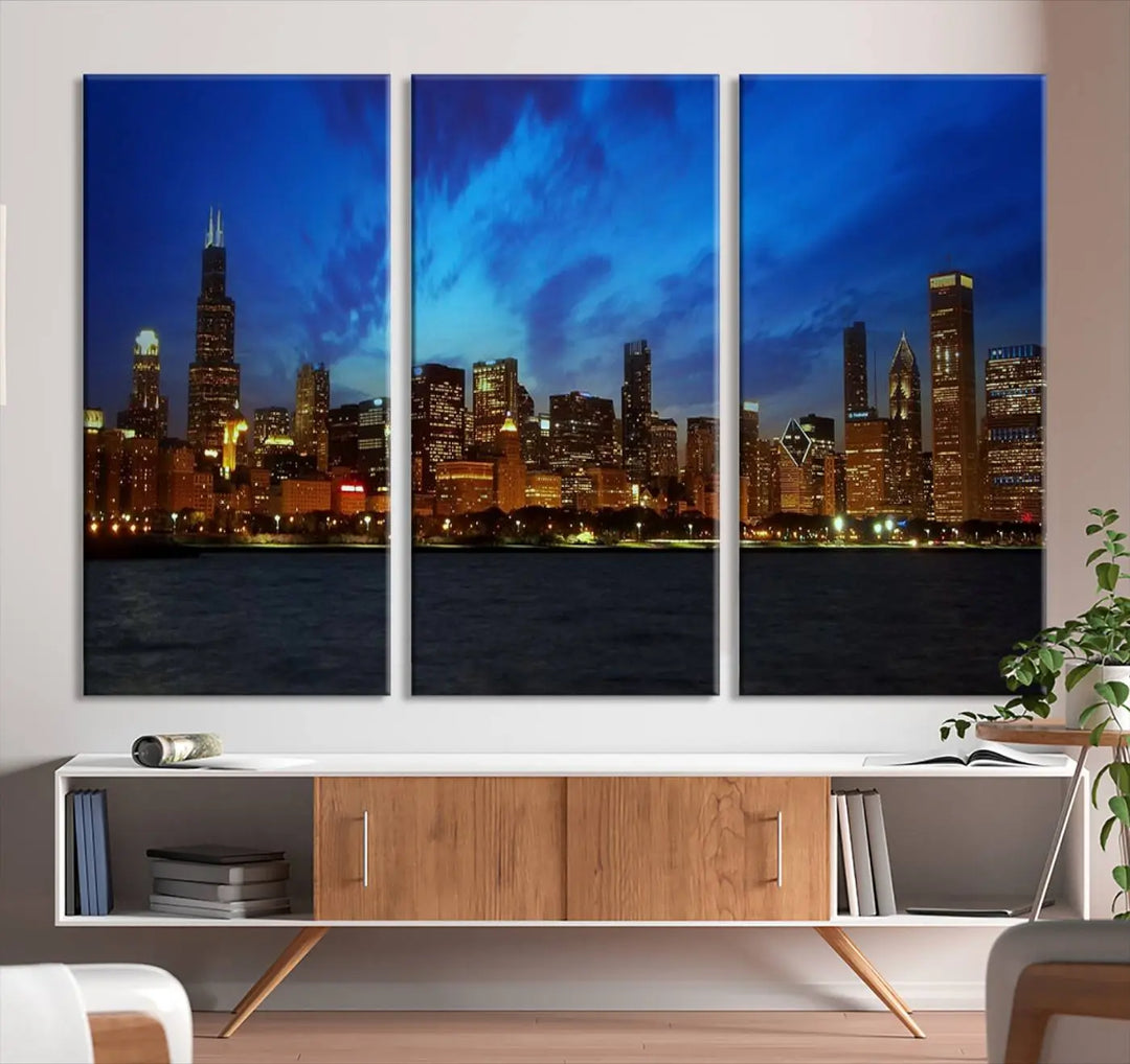 Chicago City Lights Night Blue Wall Art Canvas Print 