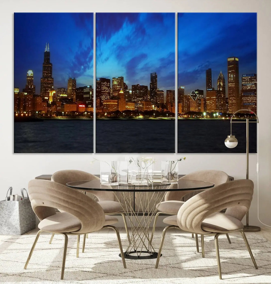 The "Chicago City Lights Night Blue Wall Art Canvas Print," a triptych of a city skyline at dusk rendered on museum-quality canvas with UV-protective coating, is featured in the living room.