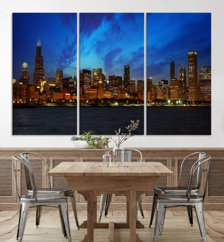 The "Chicago City Lights Night Blue Wall Art Canvas Print," a triptych of a city skyline at dusk rendered on museum-quality canvas with UV-protective coating, is featured in the living room.