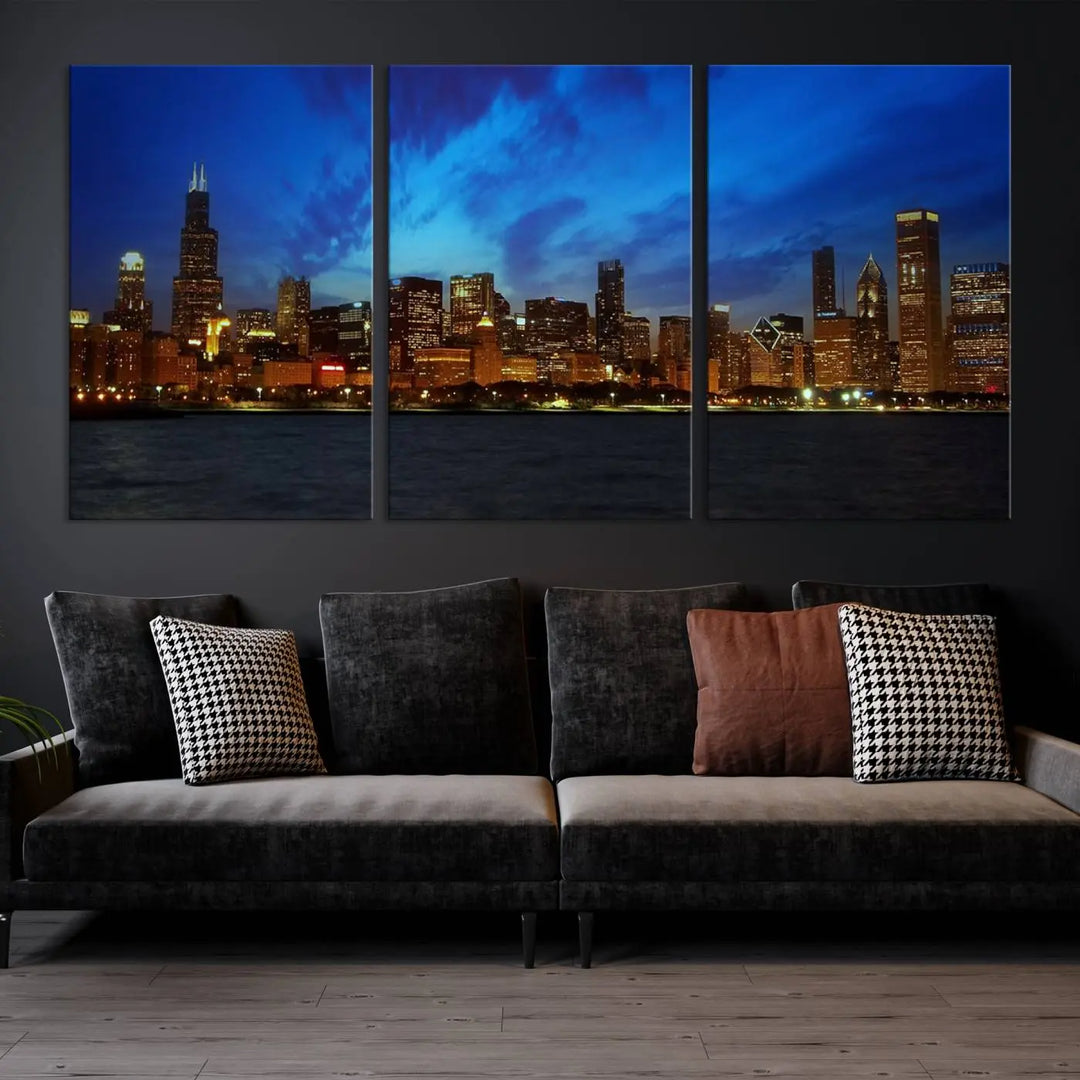 Chicago City Lights Night Blue Wall Art Canvas Print 