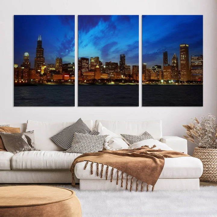 Chicago City Lights Night Blue Wall Art Canvas Print 