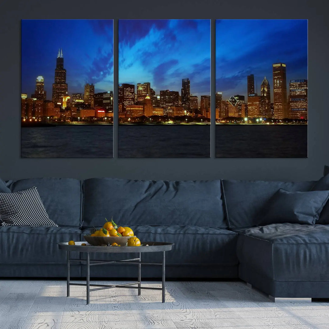 Chicago City Lights Night Blue Wall Art Canvas Print 