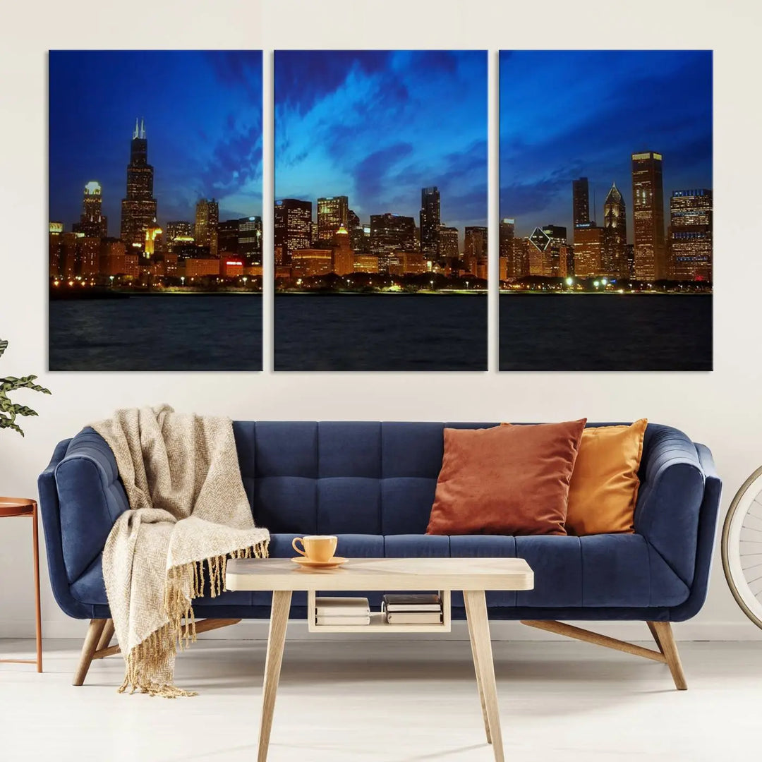 Chicago City Lights Night Blue Wall Art Canvas Print 