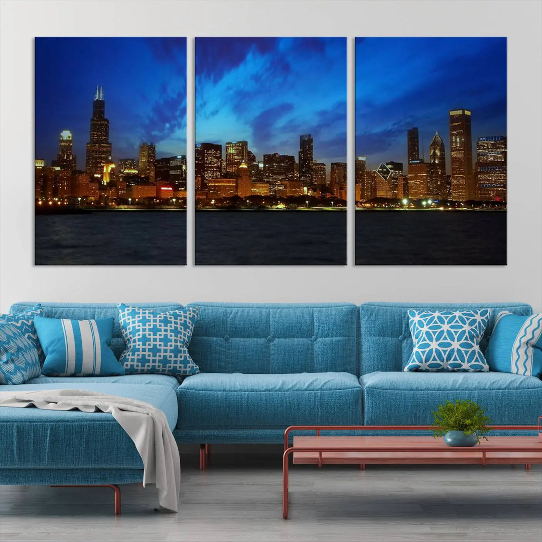 The "Chicago City Lights Night Blue Wall Art Canvas Print," a triptych of a city skyline at dusk rendered on museum-quality canvas with UV-protective coating, is featured in the living room.