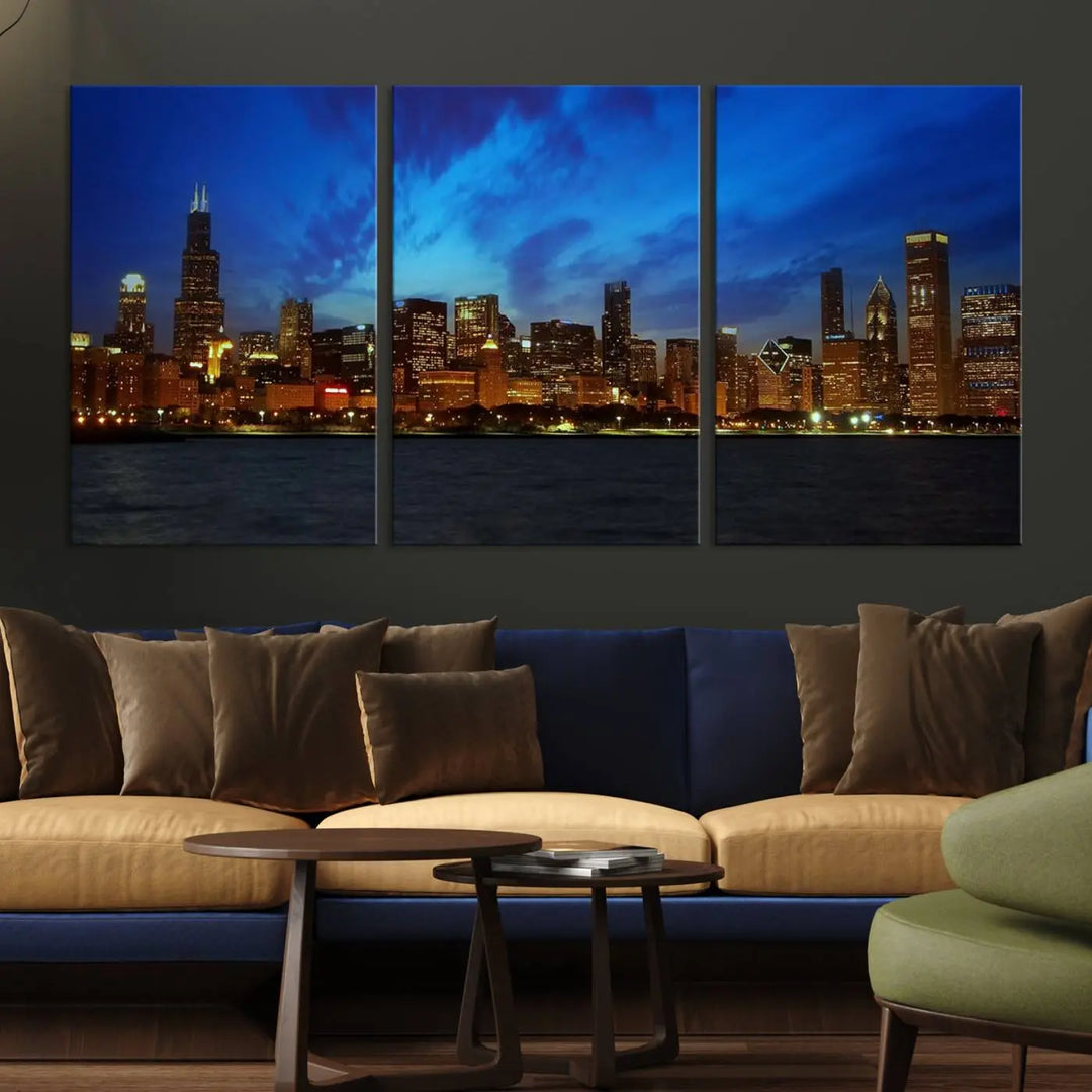 The "Chicago City Lights Night Blue Wall Art Canvas Print," a triptych of a city skyline at dusk rendered on museum-quality canvas with UV-protective coating, is featured in the living room.