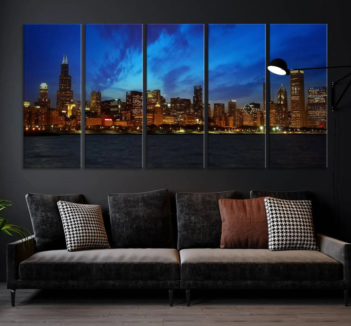 Chicago City Lights Night Blue Wall Art Canvas Print 