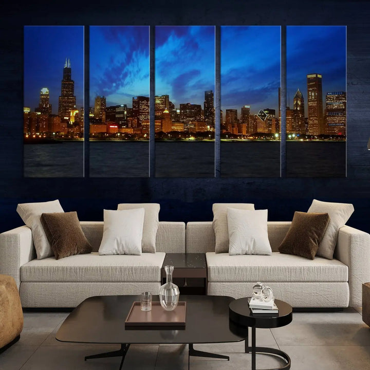 Chicago City Lights Night Blue Wall Art Canvas Print 