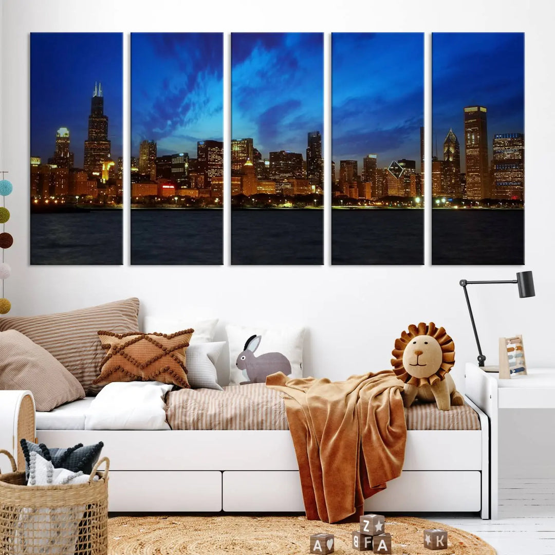 Chicago City Lights Night Blue Wall Art Canvas Print 