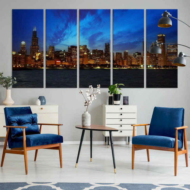 Chicago City Lights Night Blue Wall Art Canvas Print 