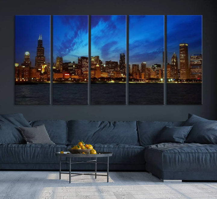 The "Chicago City Lights Night Blue Wall Art Canvas Print," a triptych of a city skyline at dusk rendered on museum-quality canvas with UV-protective coating, is featured in the living room.