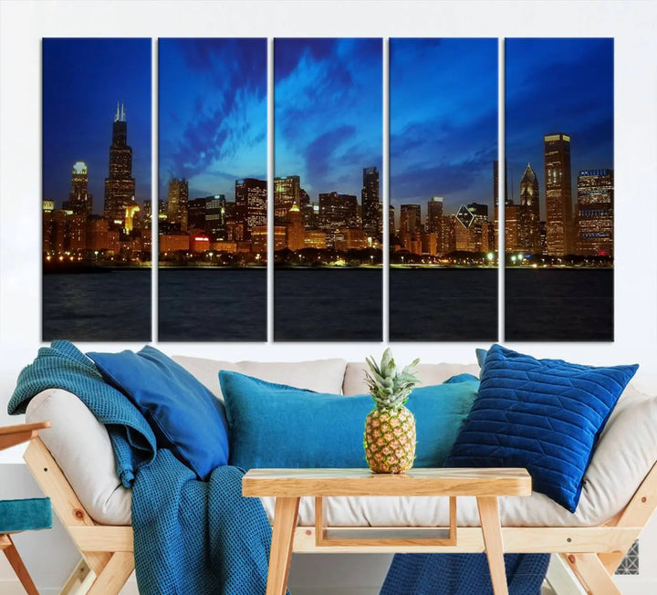 Chicago City Lights Night Blue Wall Art Canvas Print 