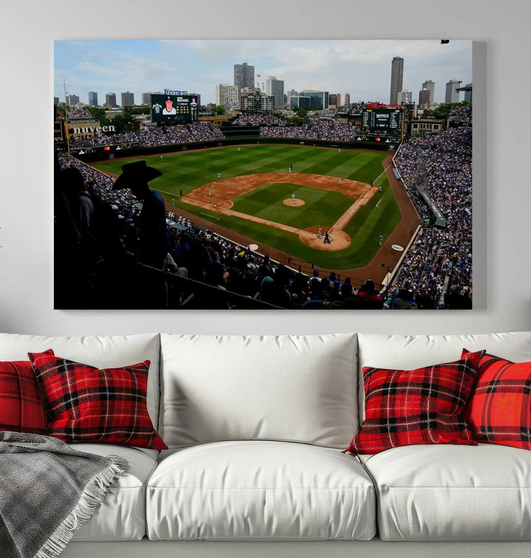 The "Chicago Cubs Baseball Team Print - Wrigley Field Stadium Wall Art Canvas Print," presented as a triptych, elegantly hangs on the wall.