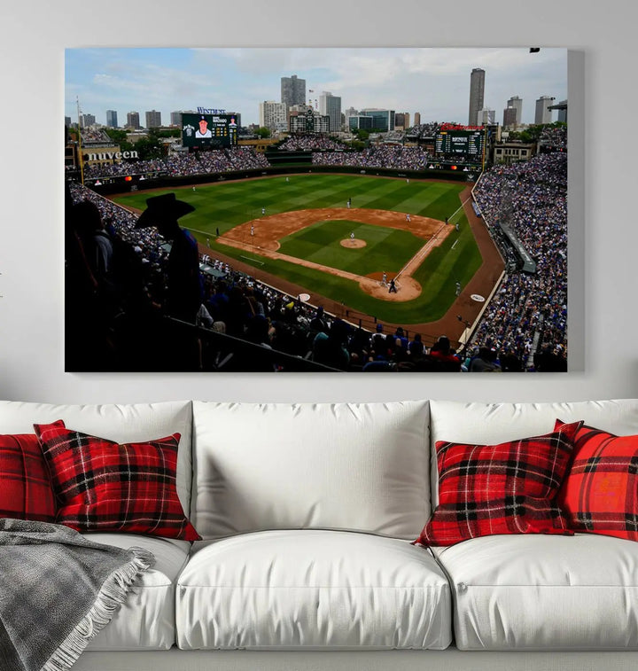 The "Chicago Cubs Baseball Team Print - Wrigley Field Stadium Wall Art Canvas Print," presented as a triptych, elegantly hangs on the wall.