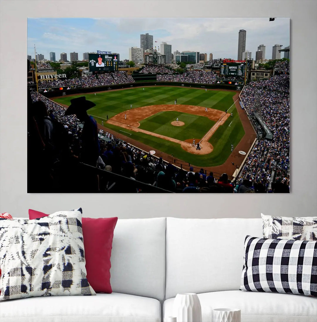 The "Chicago Cubs Baseball Team Print - Wrigley Field Stadium Wall Art Canvas Print," presented as a triptych, elegantly hangs on the wall.