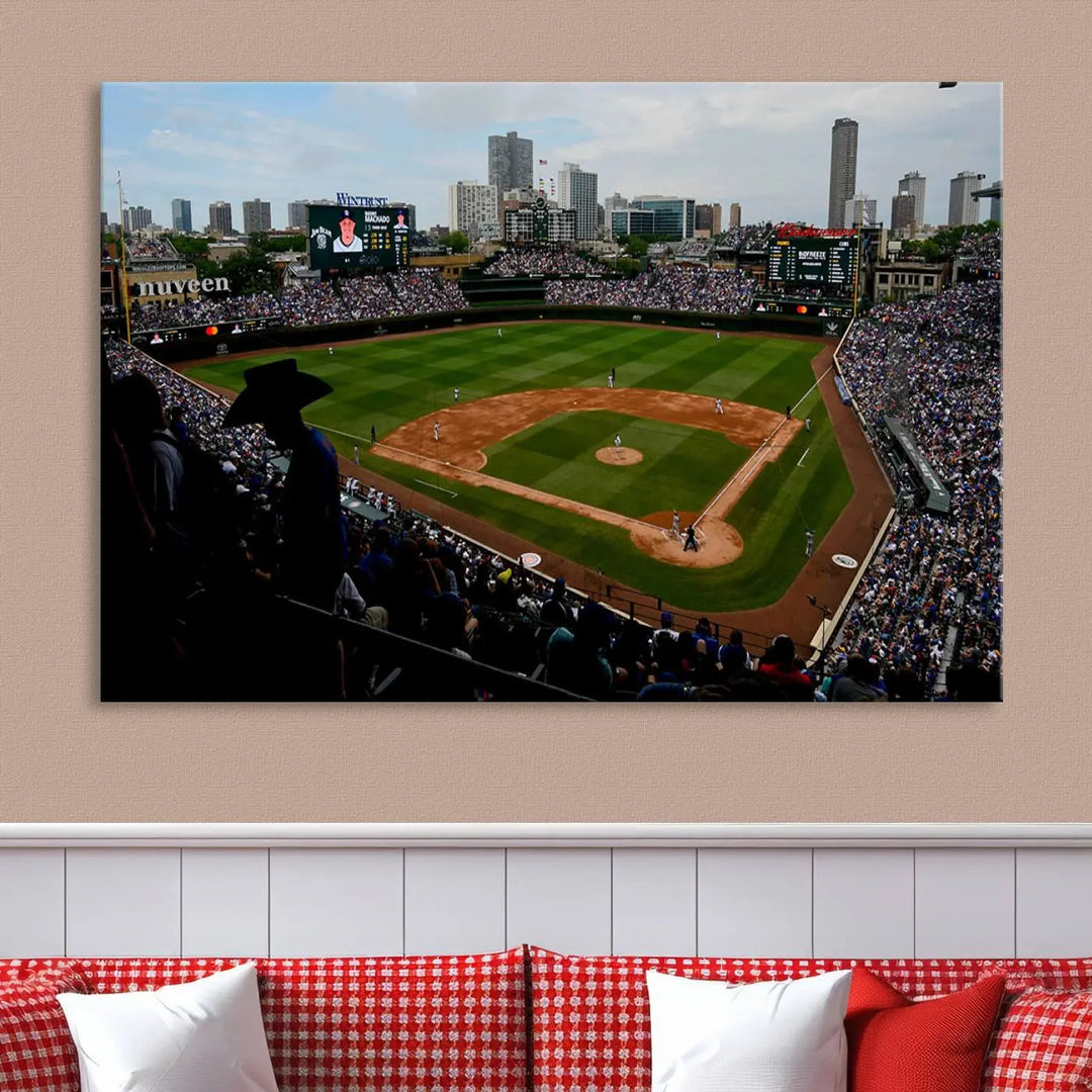 The "Chicago Cubs Baseball Team Print - Wrigley Field Stadium Wall Art Canvas Print," presented as a triptych, elegantly hangs on the wall.