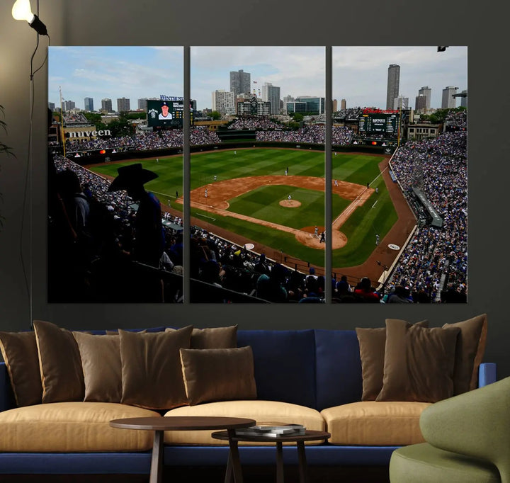 The "Chicago Cubs Baseball Team Print - Wrigley Field Stadium Wall Art Canvas Print," presented as a triptych, elegantly hangs on the wall.