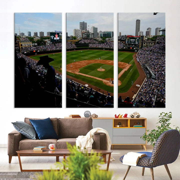 The "Chicago Cubs Baseball Team Print - Wrigley Field Stadium Wall Art Canvas Print," presented as a triptych, elegantly hangs on the wall.