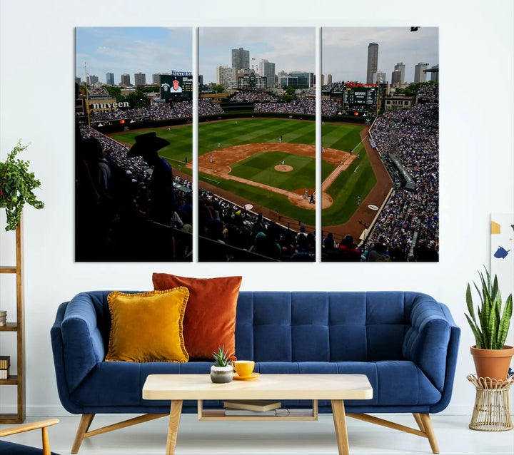 The "Chicago Cubs Baseball Team Print - Wrigley Field Stadium Wall Art Canvas Print," presented as a triptych, elegantly hangs on the wall.