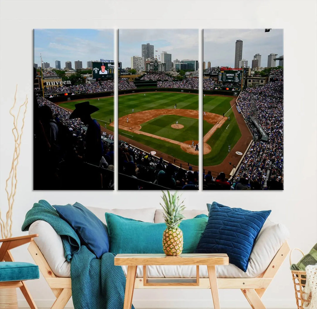 The "Chicago Cubs Baseball Team Print - Wrigley Field Stadium Wall Art Canvas Print," presented as a triptych, elegantly hangs on the wall.