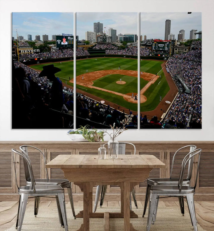 The "Chicago Cubs Baseball Team Print - Wrigley Field Stadium Wall Art Canvas Print," presented as a triptych, elegantly hangs on the wall.