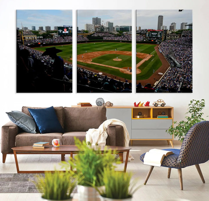 The "Chicago Cubs Baseball Team Print - Wrigley Field Stadium Wall Art Canvas Print," presented as a triptych, elegantly hangs on the wall.