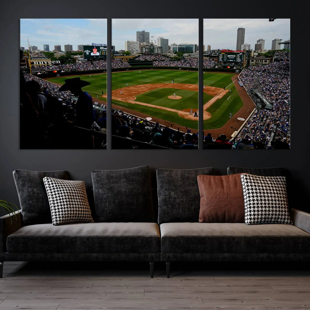 The "Chicago Cubs Baseball Team Print - Wrigley Field Stadium Wall Art Canvas Print," presented as a triptych, elegantly hangs on the wall.