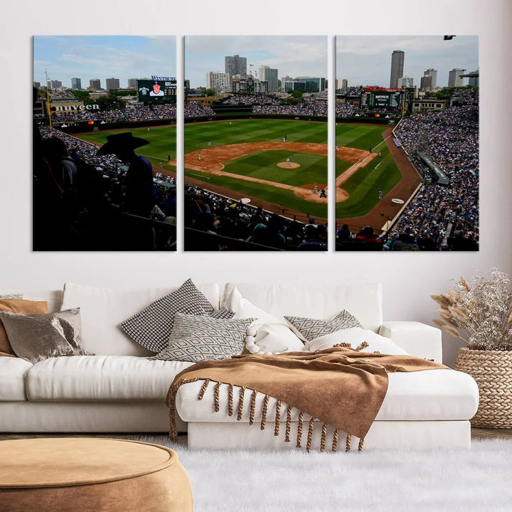 The "Chicago Cubs Baseball Team Print - Wrigley Field Stadium Wall Art Canvas Print," presented as a triptych, elegantly hangs on the wall.