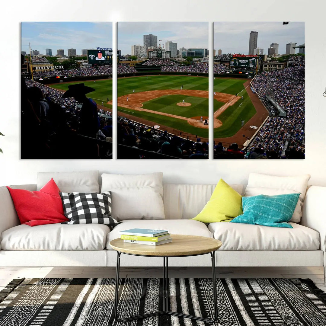 The "Chicago Cubs Baseball Team Print - Wrigley Field Stadium Wall Art Canvas Print," presented as a triptych, elegantly hangs on the wall.