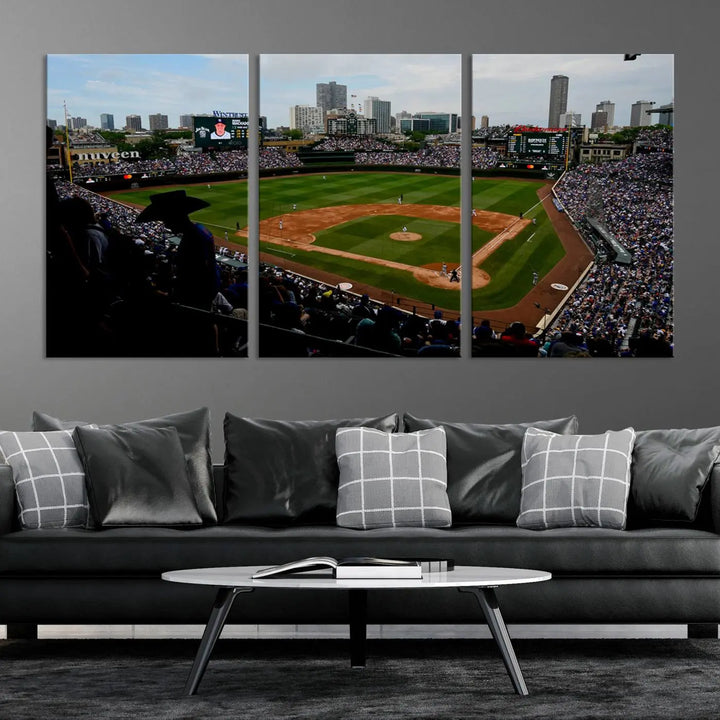 The "Chicago Cubs Baseball Team Print - Wrigley Field Stadium Wall Art Canvas Print," presented as a triptych, elegantly hangs on the wall.