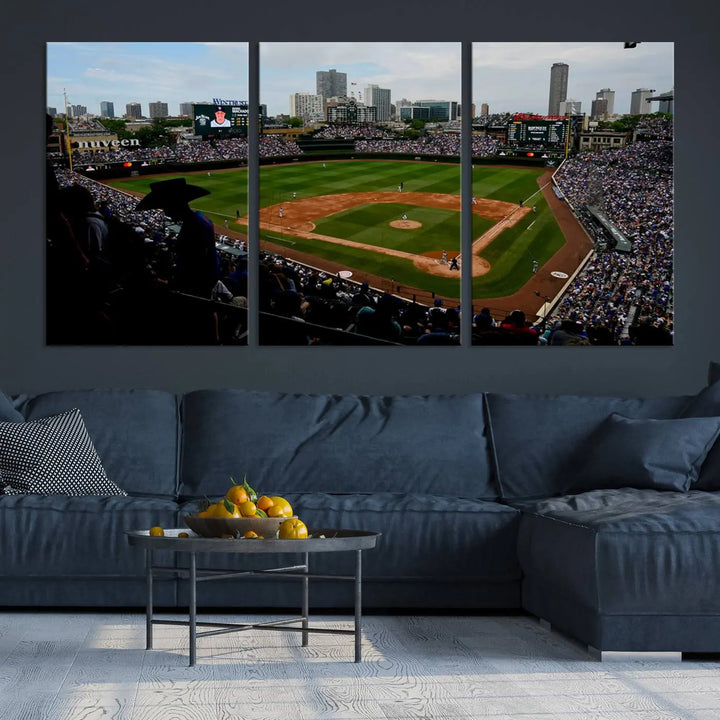 The "Chicago Cubs Baseball Team Print - Wrigley Field Stadium Wall Art Canvas Print," presented as a triptych, elegantly hangs on the wall.