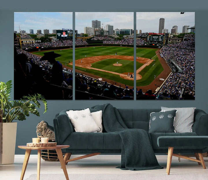 The "Chicago Cubs Baseball Team Print - Wrigley Field Stadium Wall Art Canvas Print," presented as a triptych, elegantly hangs on the wall.